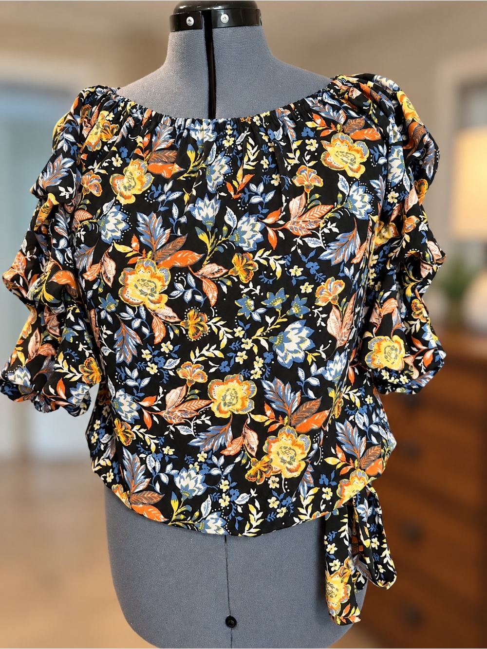 CeCe Black Floral Puff-Sleeve Blouse with Yellow & Blue Accents